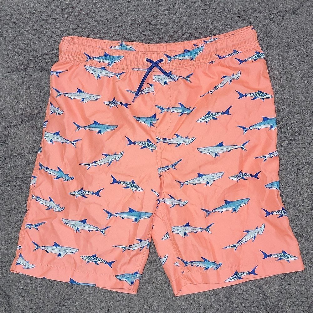 Lands End Boys Shark Printed Volley Swim Trunks Shorts Size L (14H-16H)